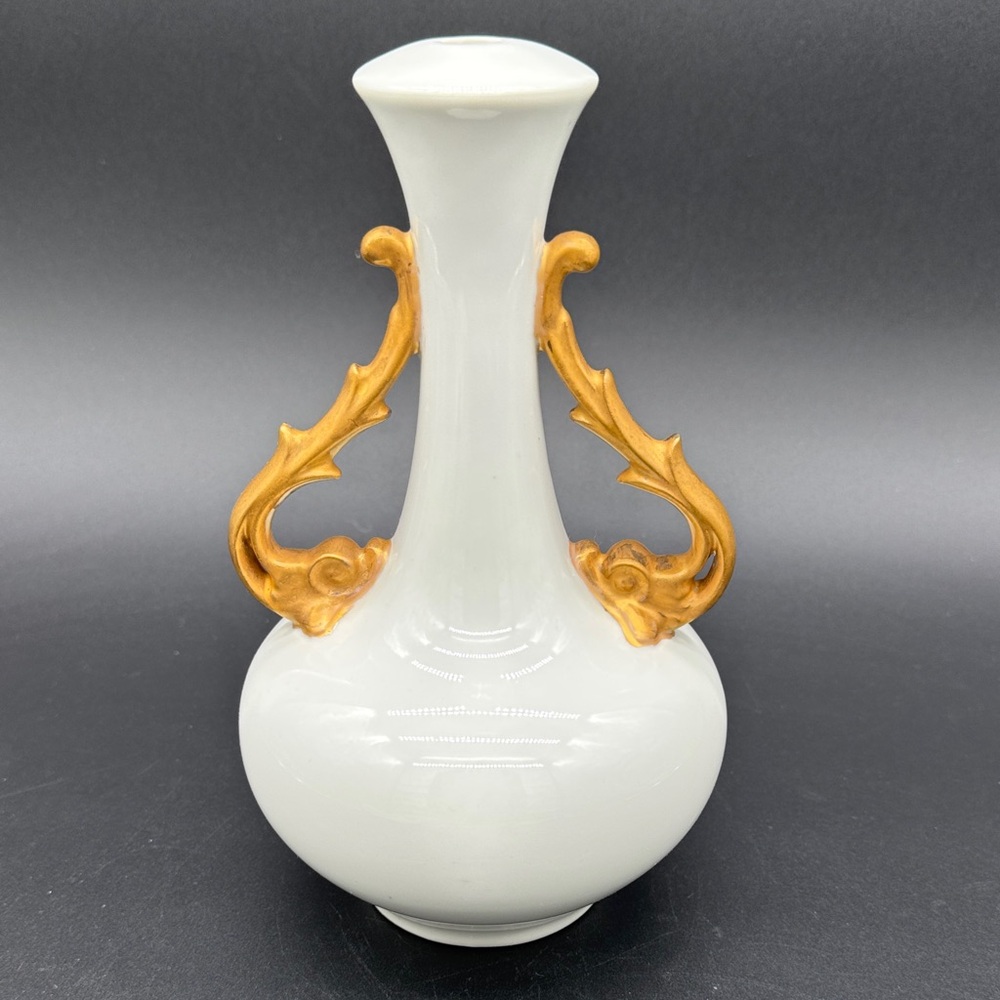 Limoges France White Porcelain Art Nouveau Gold Handles 9 inches Tall Vintage